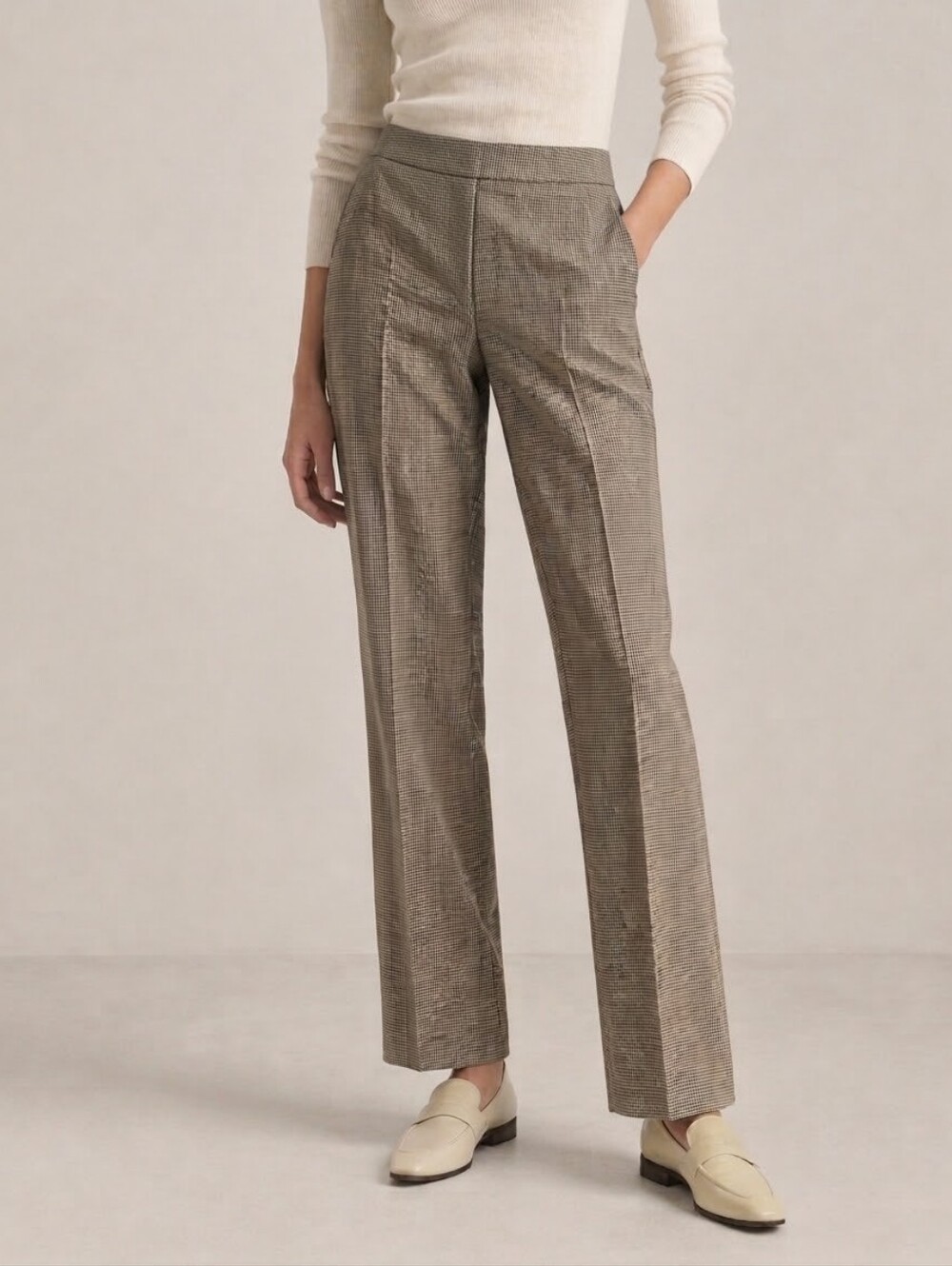 Theory Women wool-blend Glein Plaid houndstooth Trousers Beige Quiet Luxury